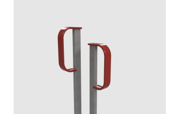 P-shaped hand-grab rail handles made from metal with a red grip